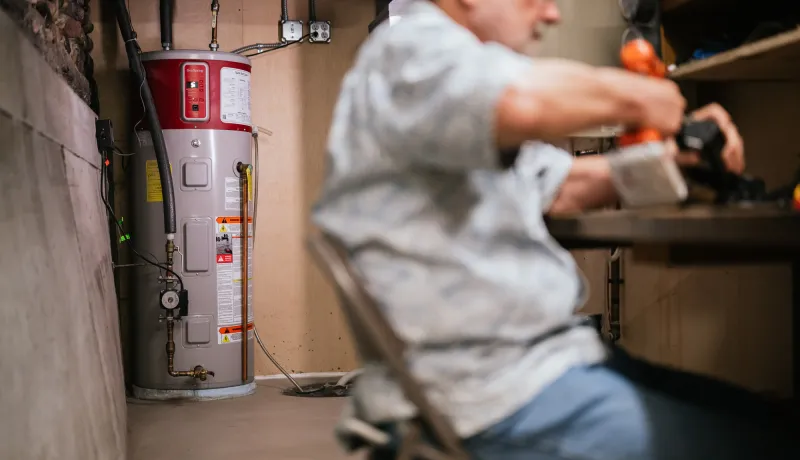 A person sits at a work bench in the foreground with their heat pump water heater behind them.