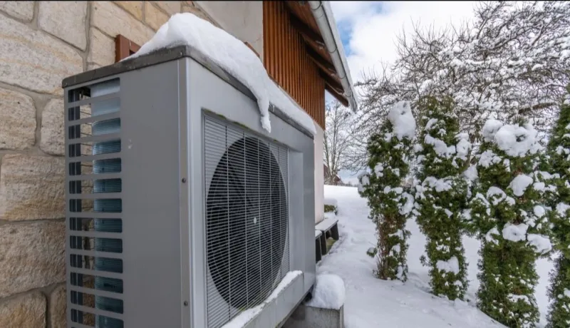 An air source heat pump is installed alongside a home in snowy weather.