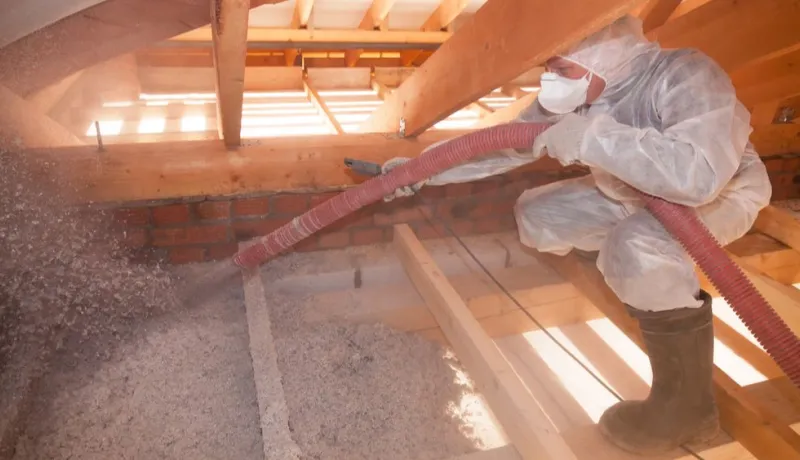 A person in protective gear adds insulation to an attic.