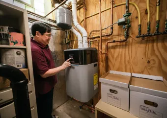 A person stands in front of their backup heat system.