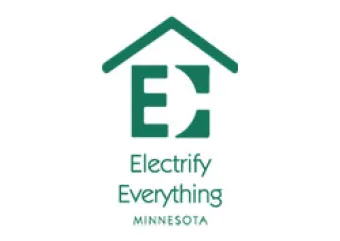 The logo for Electrify Everything MN has a roof over the letter "E" with a shape that looks like a plug nested inside it. Under that, the text reads "Electrify Everything Minnesota."