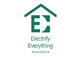 The logo for Electrify Everything MN has a roof over the letter "E" with a shape that looks like a plug nested inside it. Under that, the text reads "Electrify Everything Minnesota."